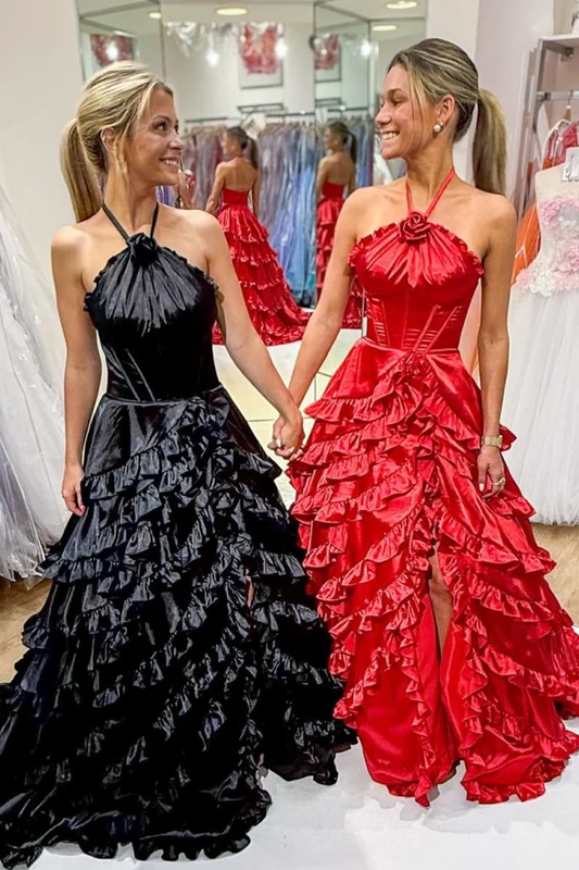 Modern A-Line Halter Sleeveless Open Back Ruffles Tiered High Side Slit and Train Back Zipper Prom Party Dress Evening Gown