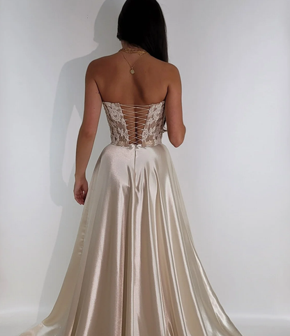 Modern Off Shoulder Beaded Lace Corset Wedding Dress with Satin Skirt and Train, Basque Waist Bridal Gown