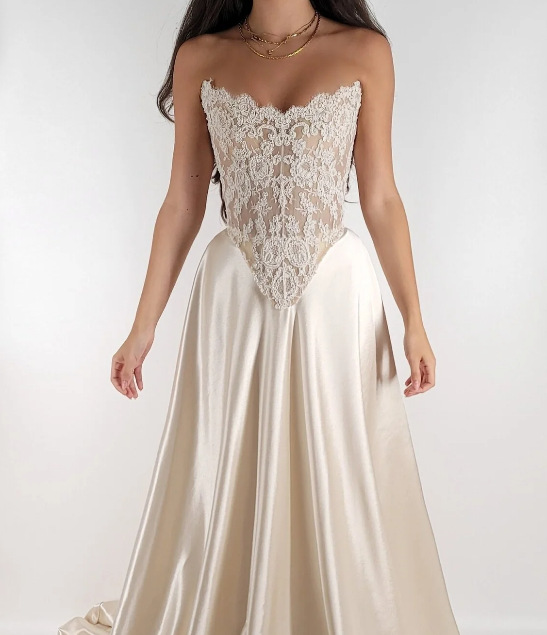 Modern Off Shoulder Beaded Lace Corset Wedding Dress with Satin Skirt and Train, Basque Waist Bridal Gown