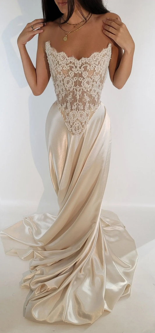 Modern Off Shoulder Beaded Lace Corset Wedding Dress with Satin Skirt and Train, Basque Waist Bridal Gown