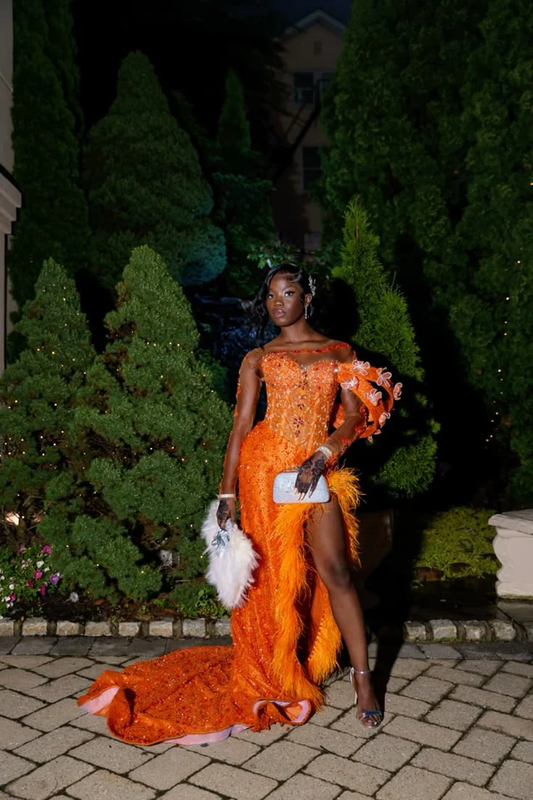Modest Senior Prom Dresses High Schools Inspo Mermaid Orange Sequins Slit For Black Girls Semi Formal Grad Long Prom Dresses