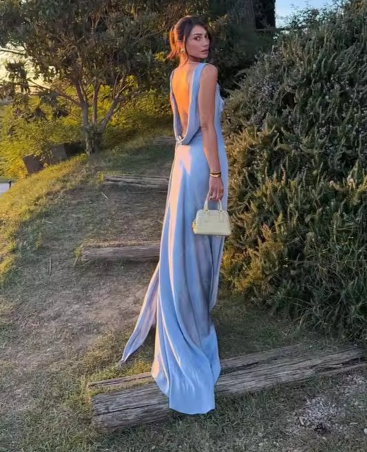 Modest Mermaid Cowl Neck Light Sky Blue Satin Prom Dress Long Party Gowns Evening Dresses