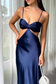 Navy Blue - Sheath Spaghetti Straps Long Satin Prom Dresses With Cut out