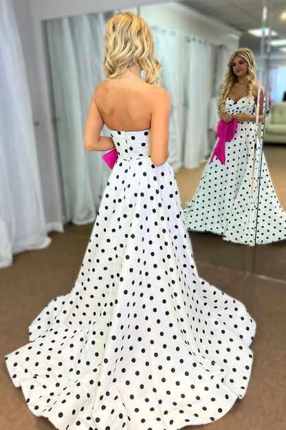 New Arrvial Sweetheart White Black Dot Satin Long Prom Dress with Bow