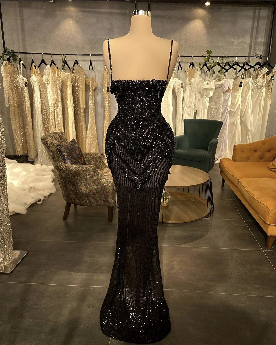 New Sexy Black Prom Dresses Mermaid Sparkly Crystals Cocktail Dresses Spaghetti Beach Evening Dresses For Women