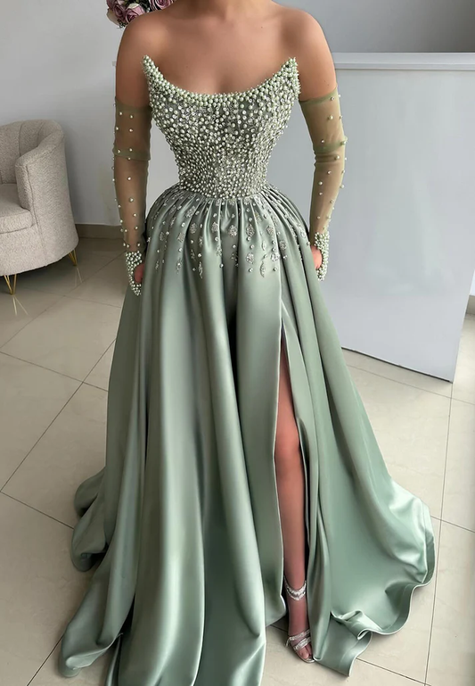 Off-Shoulder Sleeveless Beaded Pearl A-Line Prom Dress