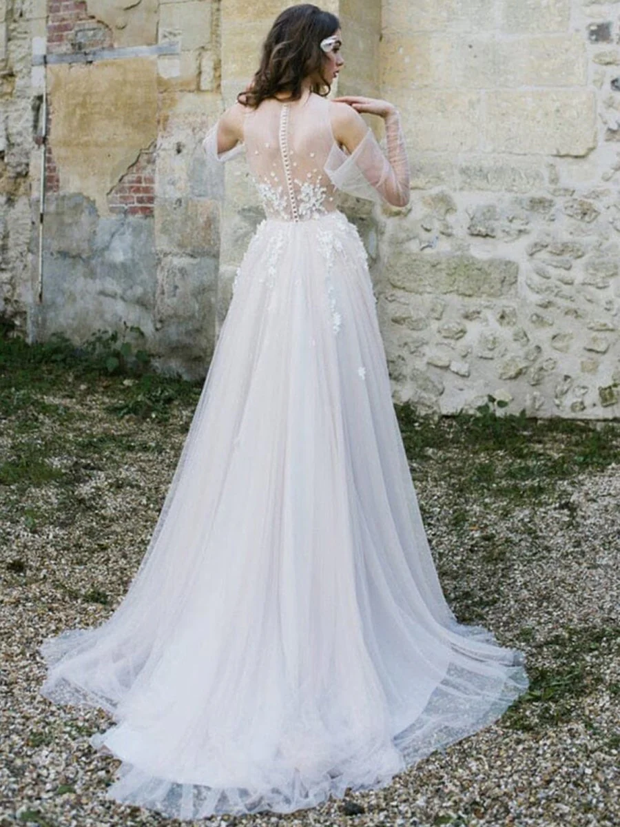 Off-The-Shoulder Tulle Illusion Sleeve Wedding Dress With Appliques