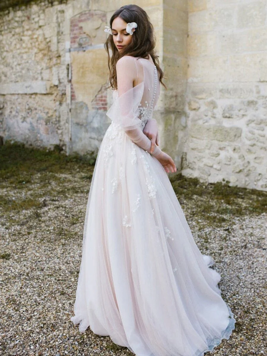 Off-The-Shoulder Tulle Illusion Sleeve Wedding Dress With Appliques