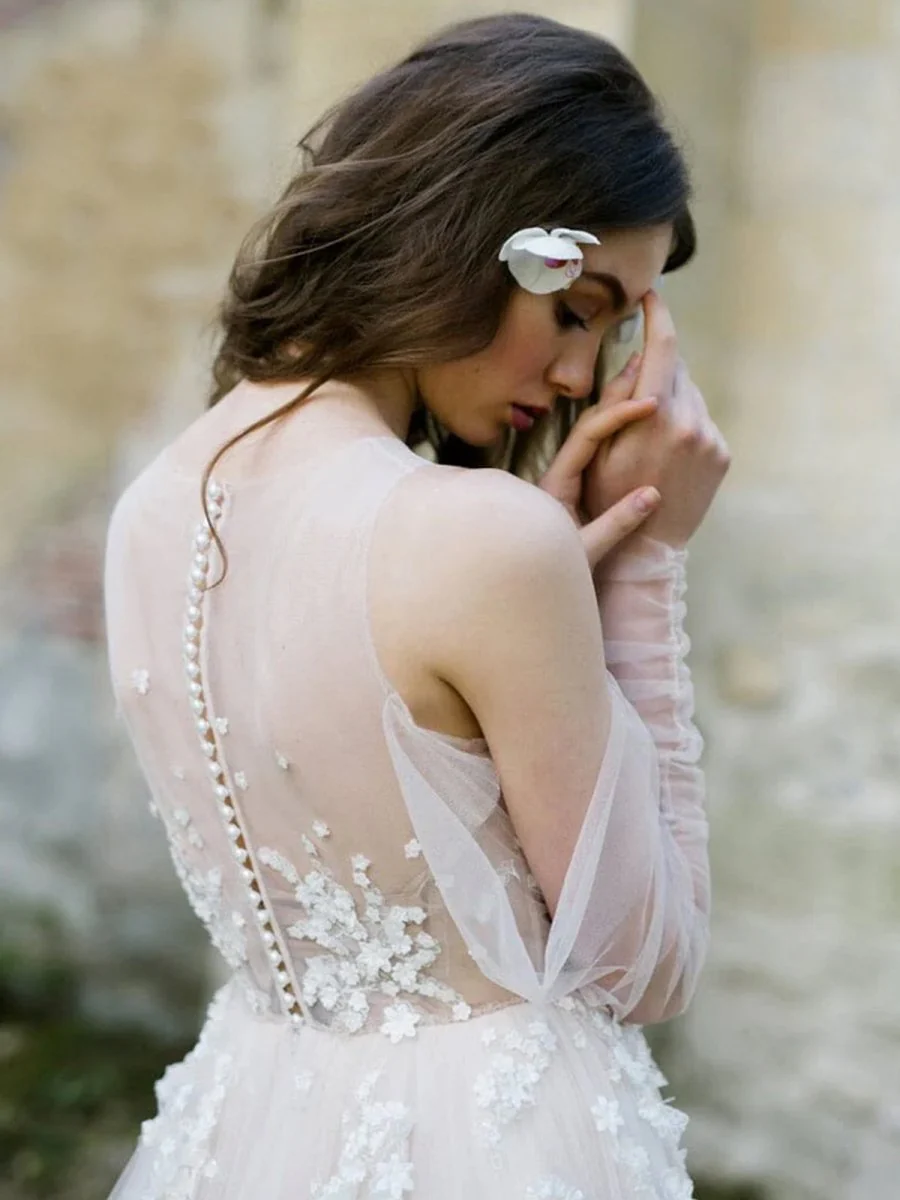 Off-The-Shoulder Tulle Illusion Sleeve Wedding Dress With Appliques