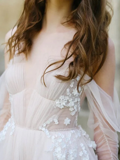 Off-The-Shoulder Tulle Illusion Sleeve Wedding Dress With Appliques