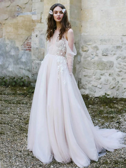 Off-The-Shoulder Tulle Illusion Sleeve Wedding Dress With Appliques