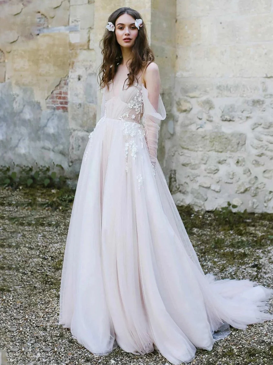 Off-The-Shoulder Tulle Illusion Sleeve Wedding Dress With Appliques