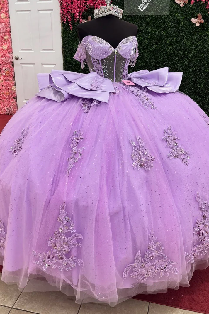 Off Shoulder Lilac Tulle Corset Appliqued Princess Quinceanera Dresses for Sweet 16