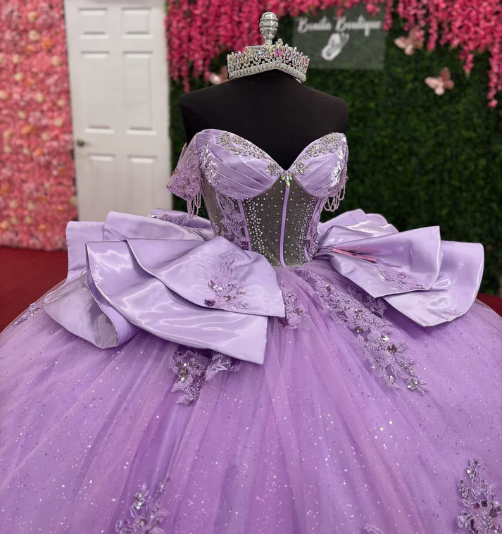 Off Shoulder Lilac Tulle Corset Appliqued Princess Quinceanera Dresses for Sweet 16