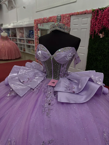 Off Shoulder Lilac Tulle Corset Appliqued Princess Quinceanera Dresses for Sweet 16