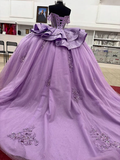 Off Shoulder Lilac Tulle Corset Appliqued Princess Quinceanera Dresses for Sweet 16