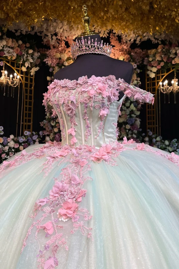 Off Shoulder Sleeveless 3D Pink Flowers Appliques Mint Green Quinceanera Dress