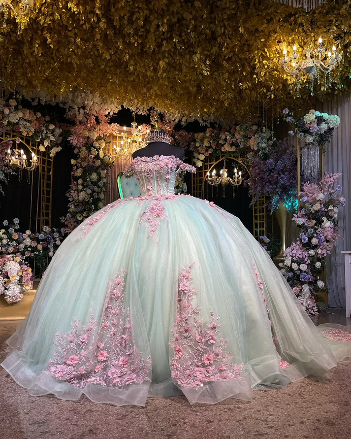 Off Shoulder Sleeveless 3D Pink Flowers Appliques Mint Green Quinceanera Dress