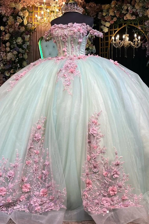Off Shoulder Sleeveless 3D Pink Flowers Appliques Mint Green Quinceanera Dress