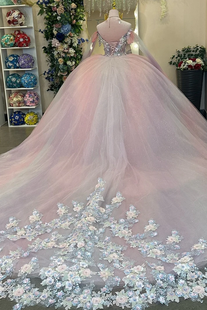 Off Shoulder Sleeveless Beaded 3D Flower Appliques Pink Sweet 15 Quinceañera Dress