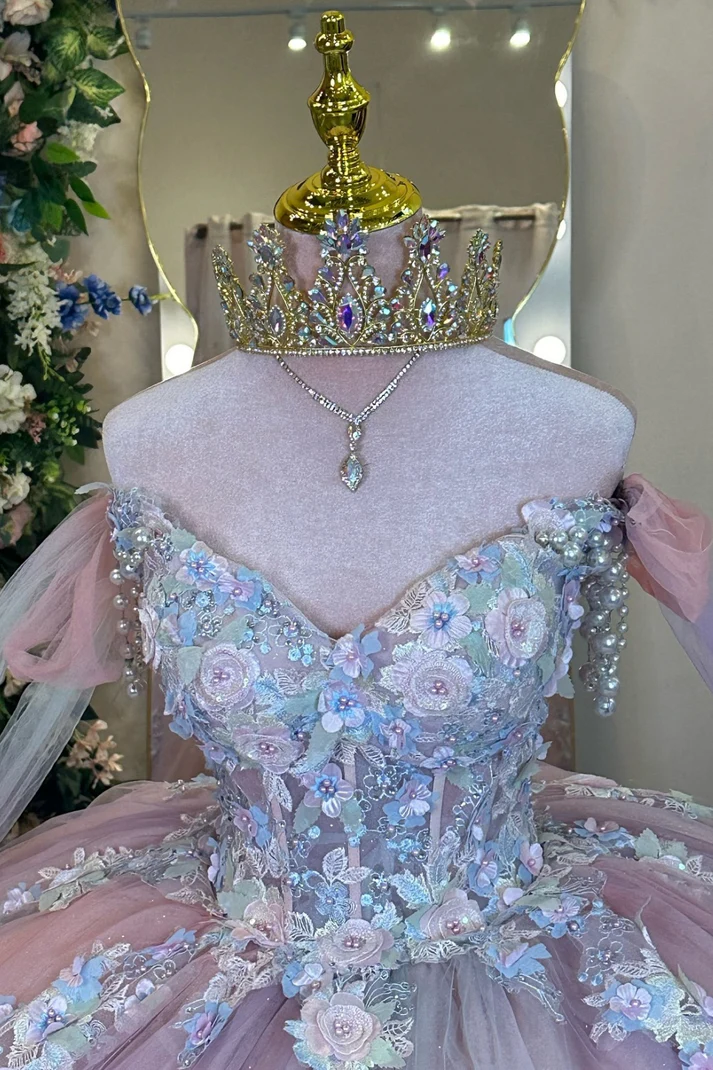 Off Shoulder Sleeveless Beaded 3D Flower Appliques Pink Sweet 15 Quinceañera Dress