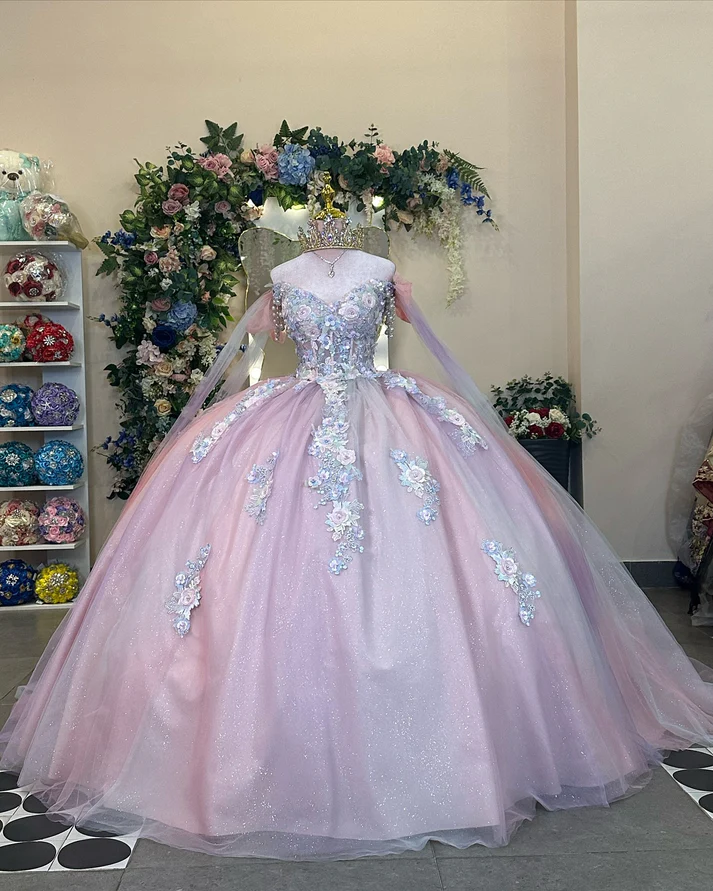 Off Shoulder Sleeveless Beaded 3D Flower Appliques Pink Sweet 15 Quinceañera Dress