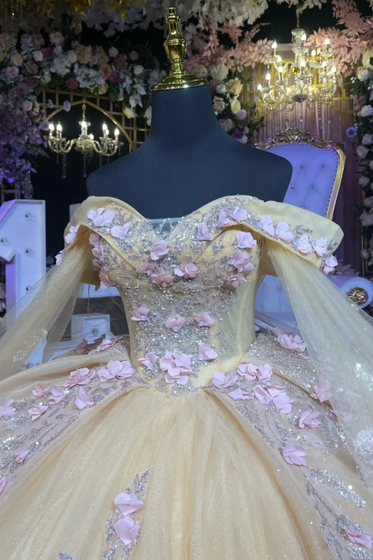 Off Shoulder Sleeveless Beaded 3D Flowers Appliques Champagne Quinceanera Dress