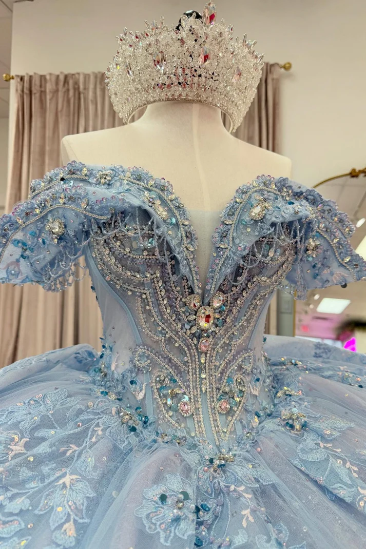 Off Shoulder Sleeveless Beaded Appliques Bow Knot Blue Sweet 15 Quinceañera Dress