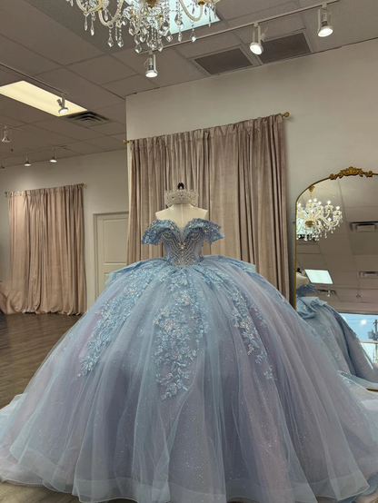 Off Shoulder Sleeveless Beaded Appliques Bow Knot Blue Sweet 15 Quinceañera Dress