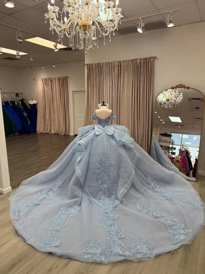 Off Shoulder Sleeveless Beaded Appliques Bow Knot Blue Sweet 15 Quinceañera Dress