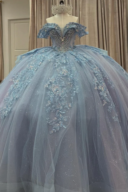 Off Shoulder Sleeveless Beaded Appliques Bow Knot Blue Sweet 15 Quinceañera Dress