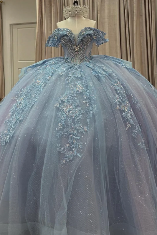 Off Shoulder Sleeveless Beaded Appliques Bow Knot Blue Sweet 15 Quinceañera Dress