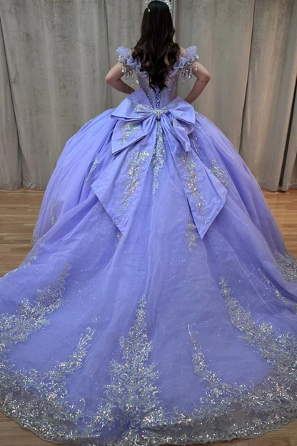 Off Shoulder Sleeveless Beaded Appliques Bow Knot Lilac Sweet 15 Quinceañera Dress