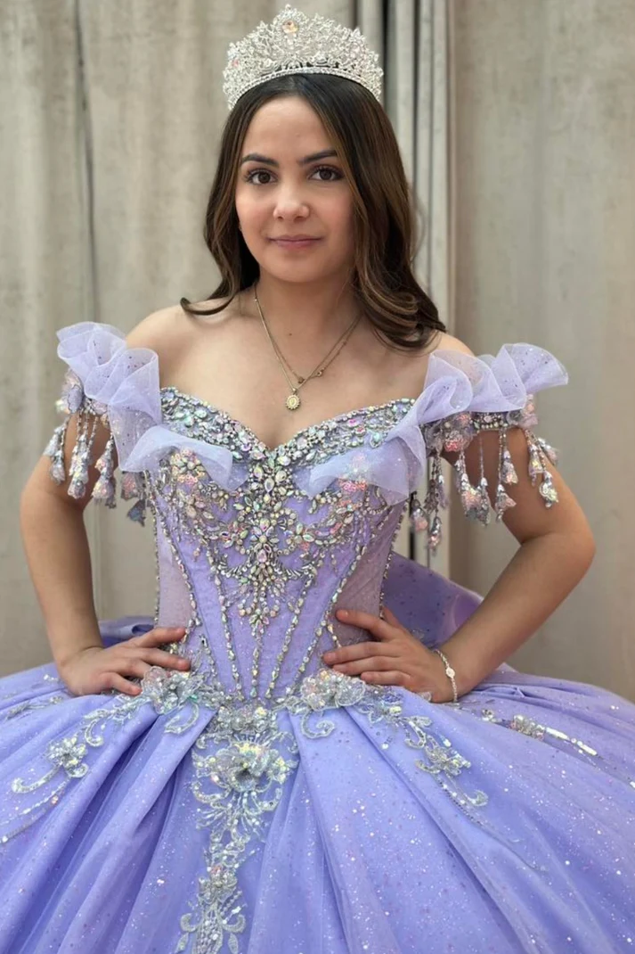 Off Shoulder Sleeveless Beaded Appliques Bow Knot Lilac Sweet 15 Quinceañera Dress