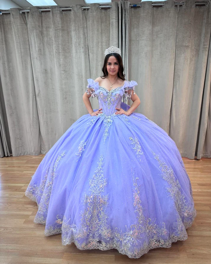 Off Shoulder Sleeveless Beaded Appliques Bow Knot Lilac Sweet 15 Quinceañera Dress