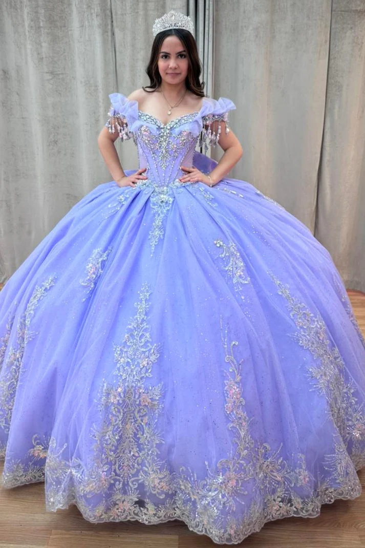 Off Shoulder Sleeveless Beaded Appliques Bow Knot Lilac Sweet 15 Quinceañera Dress