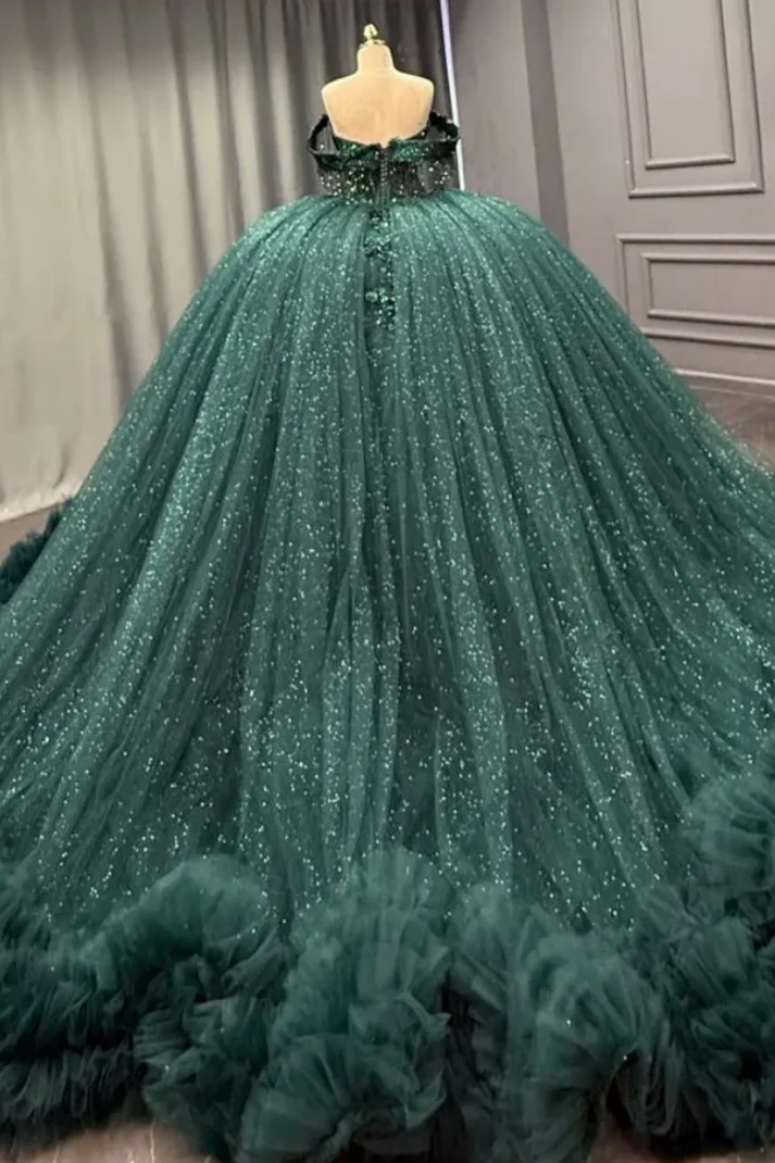 Off Shoulder Sleeveless Beaded Appliques Dark Green Sweet 15 Quinceañera Dress