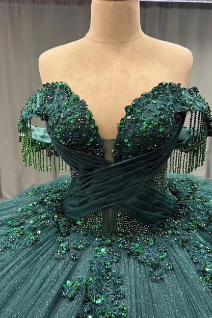 Off Shoulder Sleeveless Beaded Appliques Dark Green Sweet 15 Quinceañera Dress
