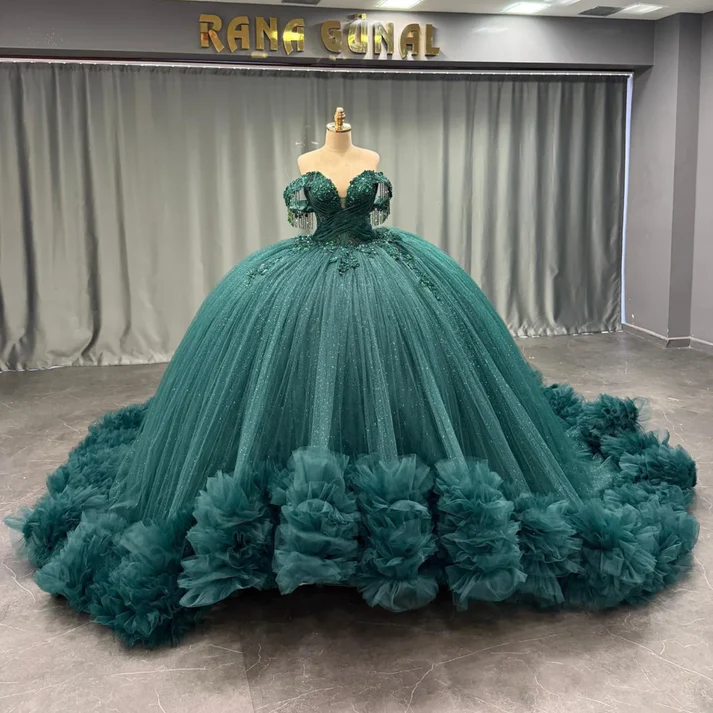 Off Shoulder Sleeveless Beaded Appliques Dark Green Sweet 15 Quinceañera Dress
