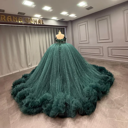 Off Shoulder Sleeveless Beaded Appliques Dark Green Sweet 15 Quinceañera Dress