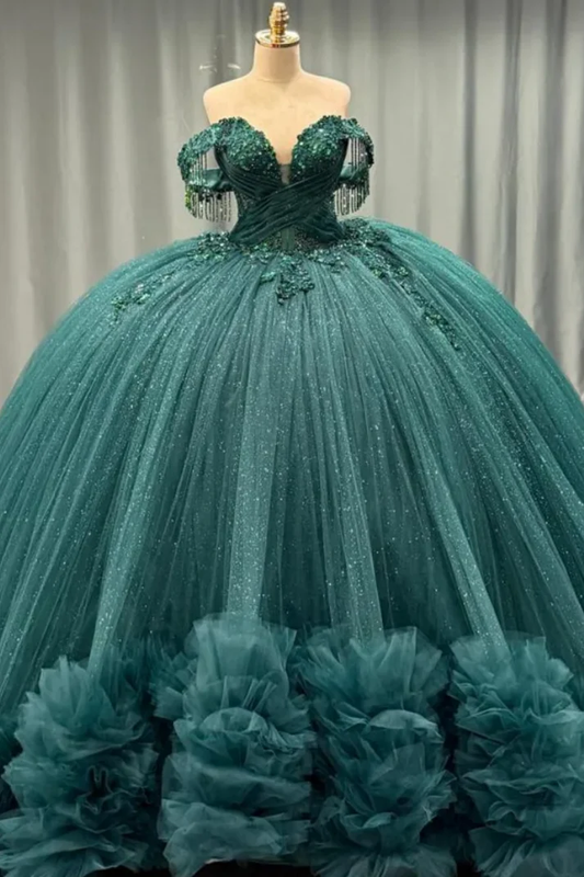 Off Shoulder Sleeveless Beaded Appliques Dark Green Sweet 15 Quinceañera Dress