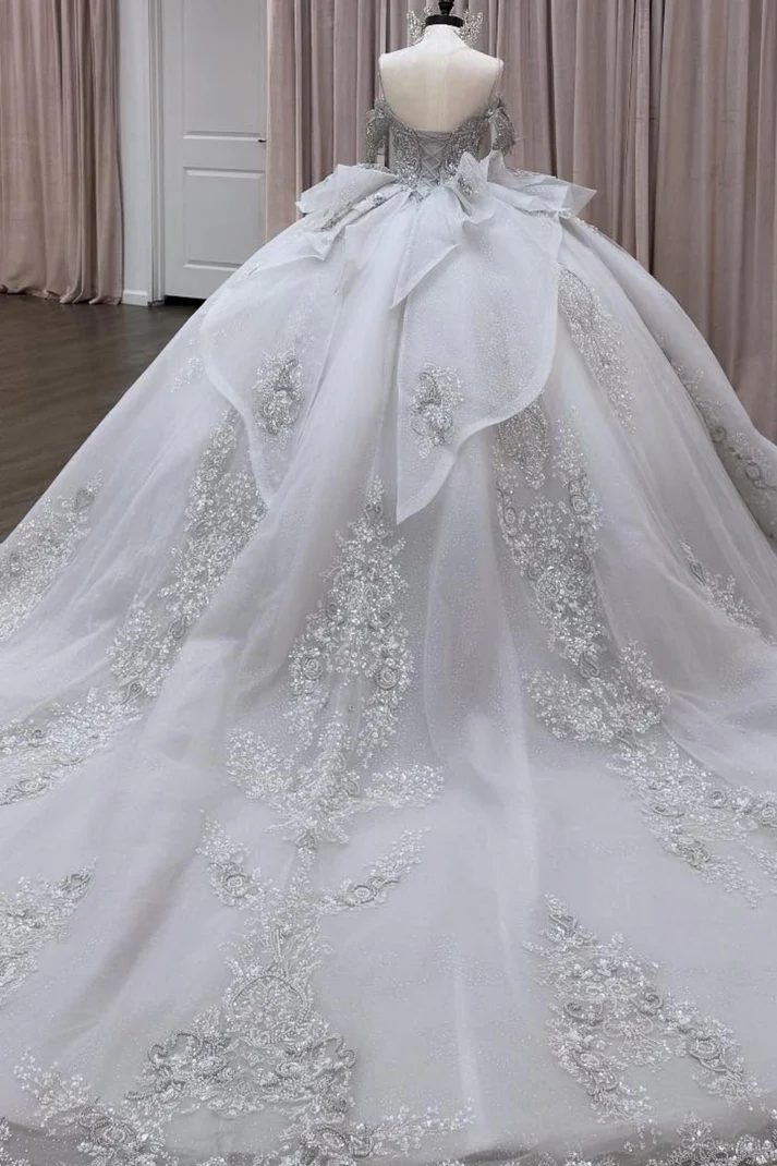 Off Shoulder Sleeveless Beaded Crystal Appliques Silver Sweet 15 Quinceañera Dress