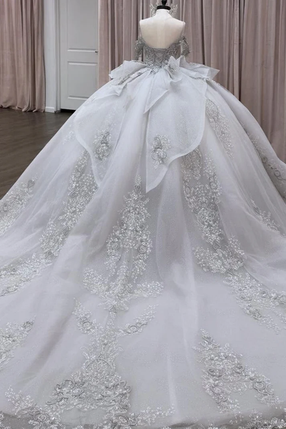 Off Shoulder Sleeveless Beaded Crystal Appliques Silver Sweet 15 Quinceañera Dress