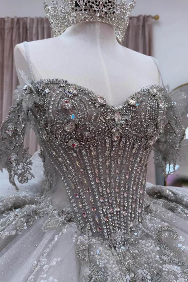 Off Shoulder Sleeveless Beaded Crystal Appliques Silver Sweet 15 Quinceañera Dress
