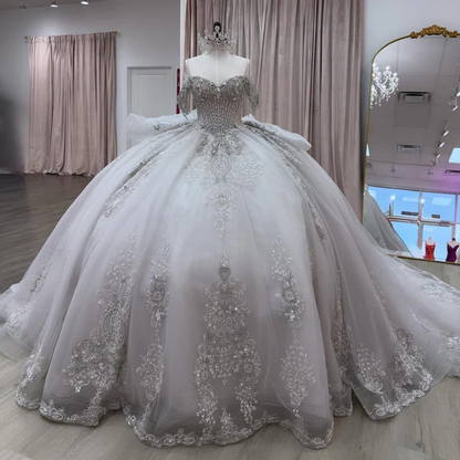 Off Shoulder Sleeveless Beaded Crystal Appliques Silver Sweet 15 Quinceañera Dress