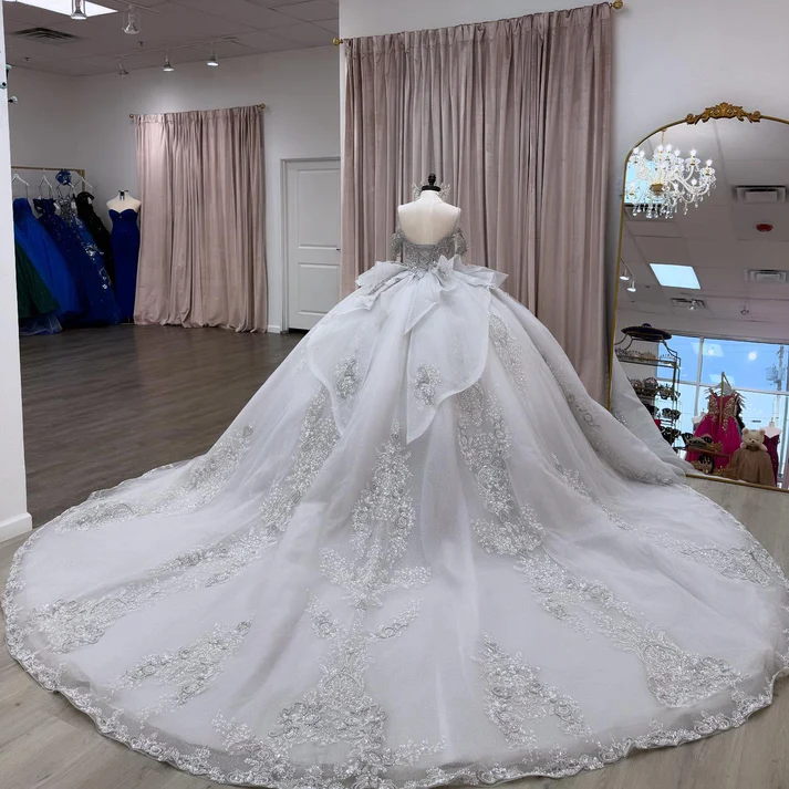 Off Shoulder Sleeveless Beaded Crystal Appliques Silver Sweet 15 Quinceañera Dress