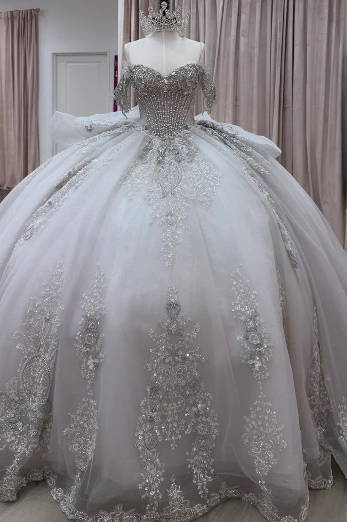 Off Shoulder Sleeveless Beaded Crystal Appliques Silver Sweet 15 Quinceañera Dress