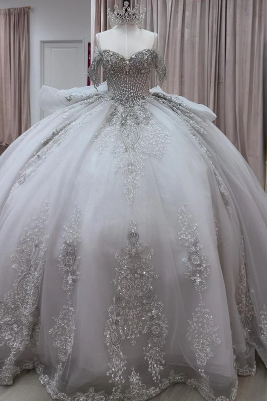 Off Shoulder Sleeveless Beaded Crystal Appliques Silver Sweet 15 Quinceañera Dress