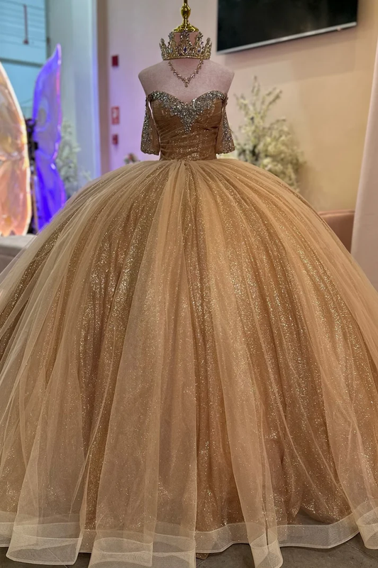 Off Shoulder Sleeveless Beaded Gold Sweet 15 Quinceañera Dress