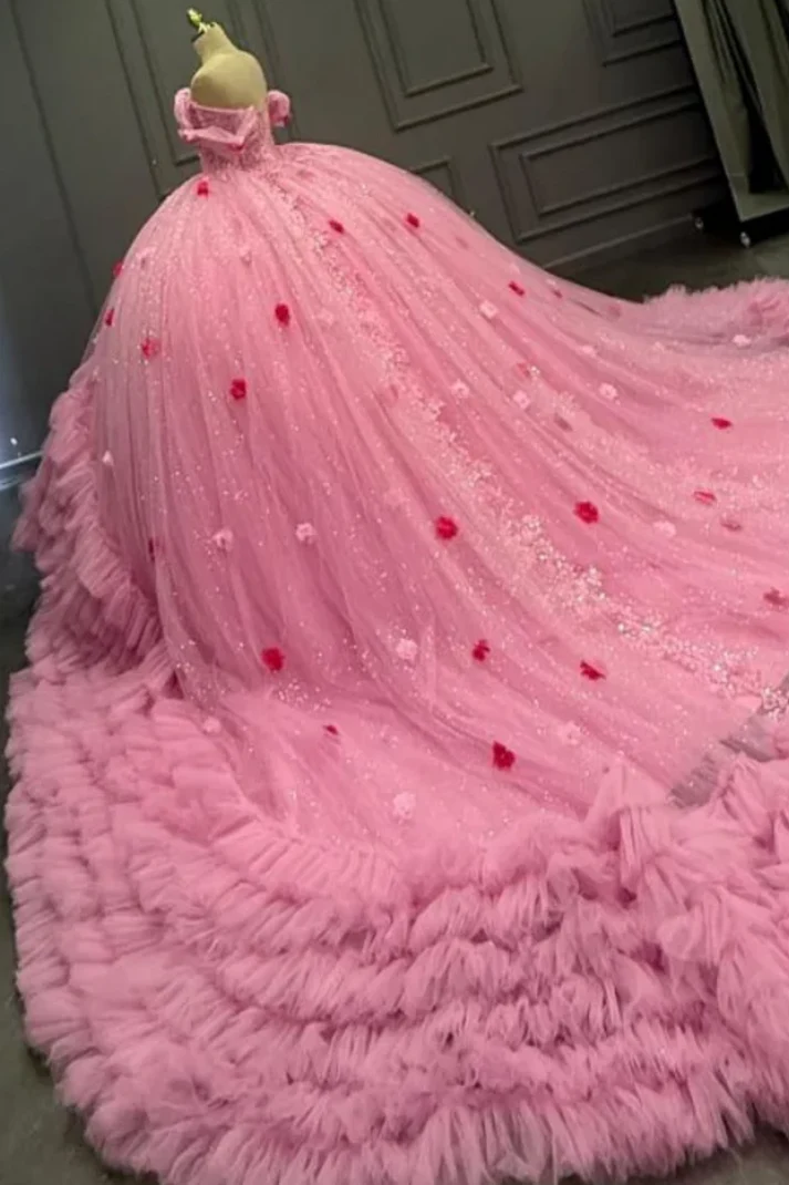 Off Shoulder Sleeveless Beaded Sequins 3D Flower Appliques Pink Quinceañera Dress
